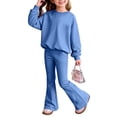 thumbnail image 2 of CPNG Girls' Outfits Children's Solid Color Long Sleeved Round Neck Pullover Top and Flared Pants 2 Piece Set(Sky Blue,3-4 Years), 2 of 6