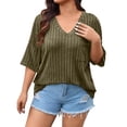 thumbnail image 4 of vdgthytj Womens Plus Size Tops Short Sleeve V-Neck Ribbed Knit Sweater Loose Fitted Summer Casual Tunic with Pocket, 4 of 7
