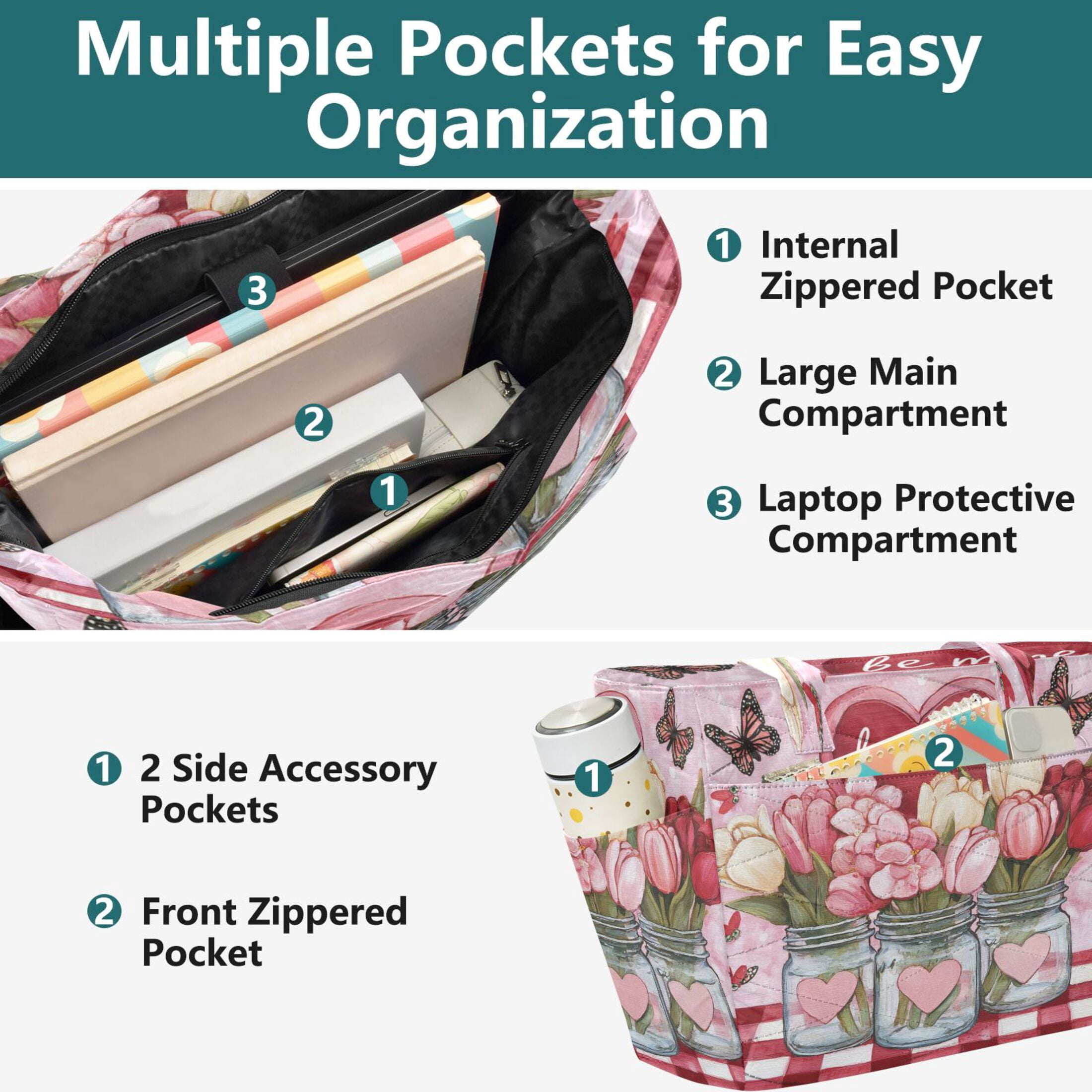 Tote Bag Quilted Tote Bag Women's Tote Handbags Suitable for Work, Beach, Travel and Shopping Valentine's Day Flower Pattern