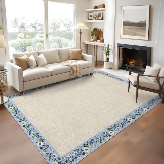10x13 ft Washable Faux Wool Area Rug, Non Slip Non-Shedding Floral Vintage Low Pile Carpet for Living Room Bedroom Kitchen, Beige