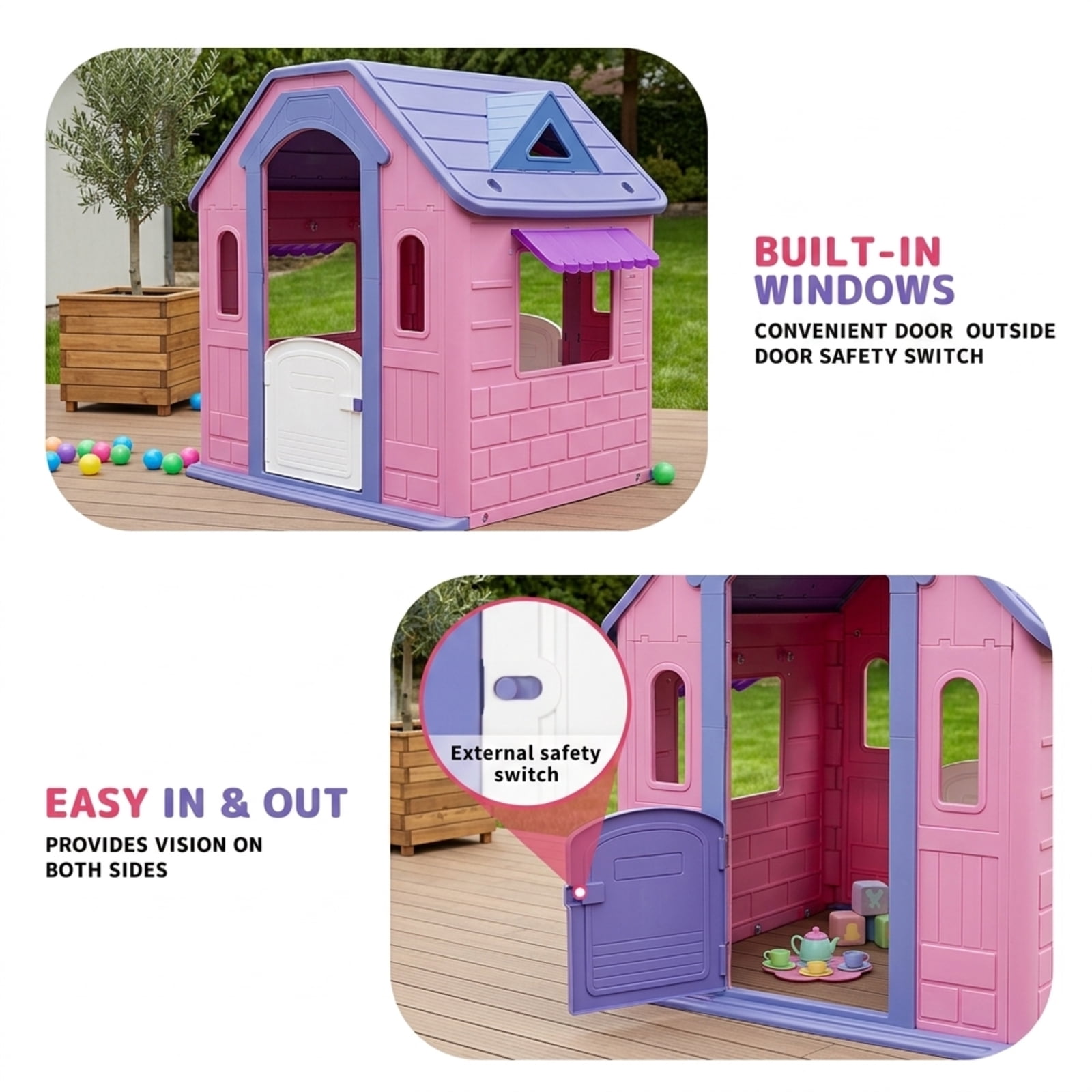 Fenbeli Kids Playhouse with Basketball Hoop, DIY Animal Stickers & Air Pump, Indoor Outdoor Activity Playhouse for Toddlers, Gift for Girls Boys, Pink