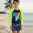 thumbnail image 2 of REDARER Boys 2-Piece Swim Set – Graphic Long-Sleeve Rash Guard & Surf Print Trunks, Neon Color-Block Design, UPF Protection for Summer Beach Pool,8-9 Years, 2 of 5
