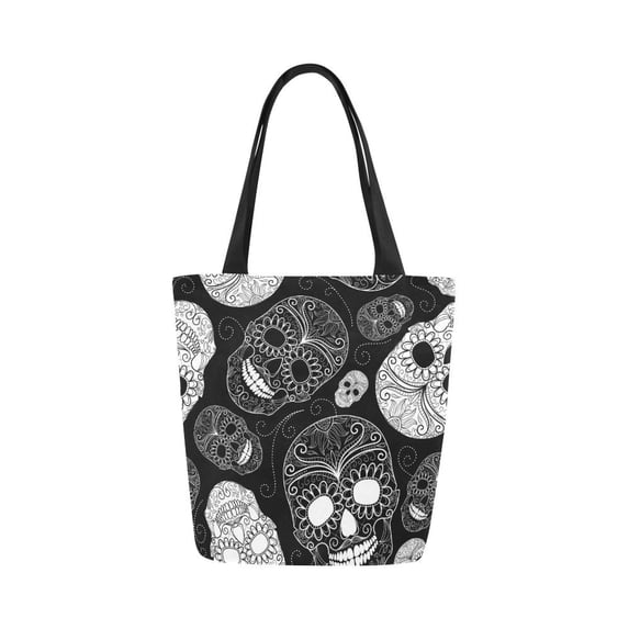 ASHLEIGH Black And White Background With Skulls Reusable Grocery Bags Grocery Tote Bag Washable Shopping Bags Shoulder Handbag for Women