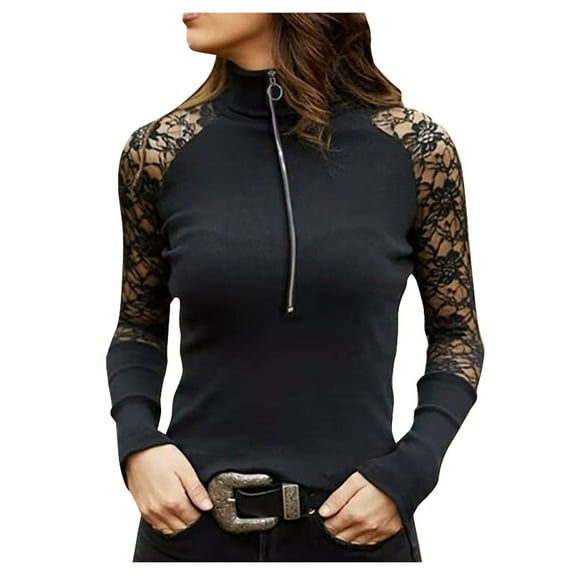 TIHLMK Blouses Shirts Women's Fashion Stitching Lace Zipper Long Sleeve Solid Color Pullover Tops Black