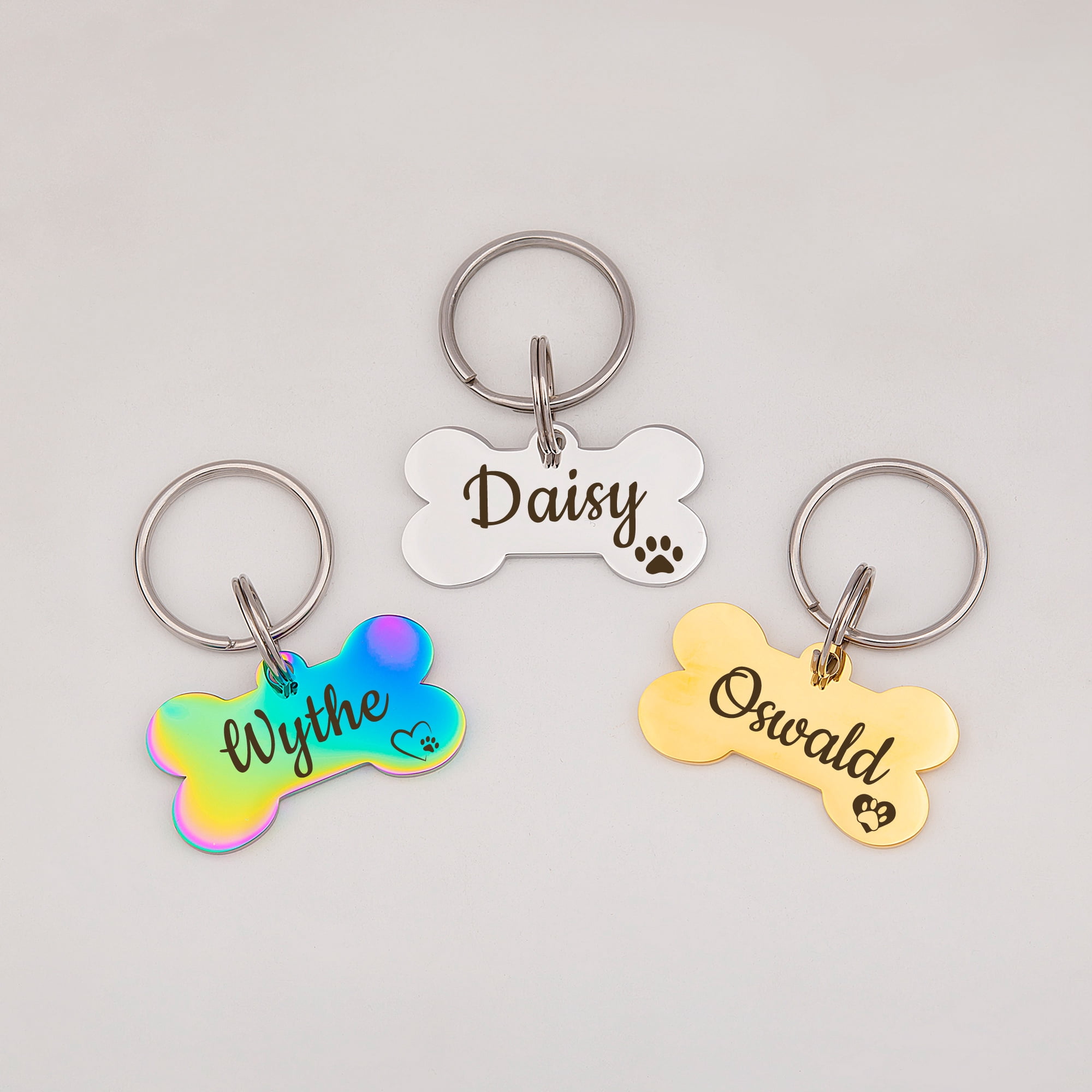 Anavia Metal & Stainless Steel Bone Name Tag with Funny Paw Icon Birthday Holiday Christmas Engraved Dog ID Tag, Gold, L