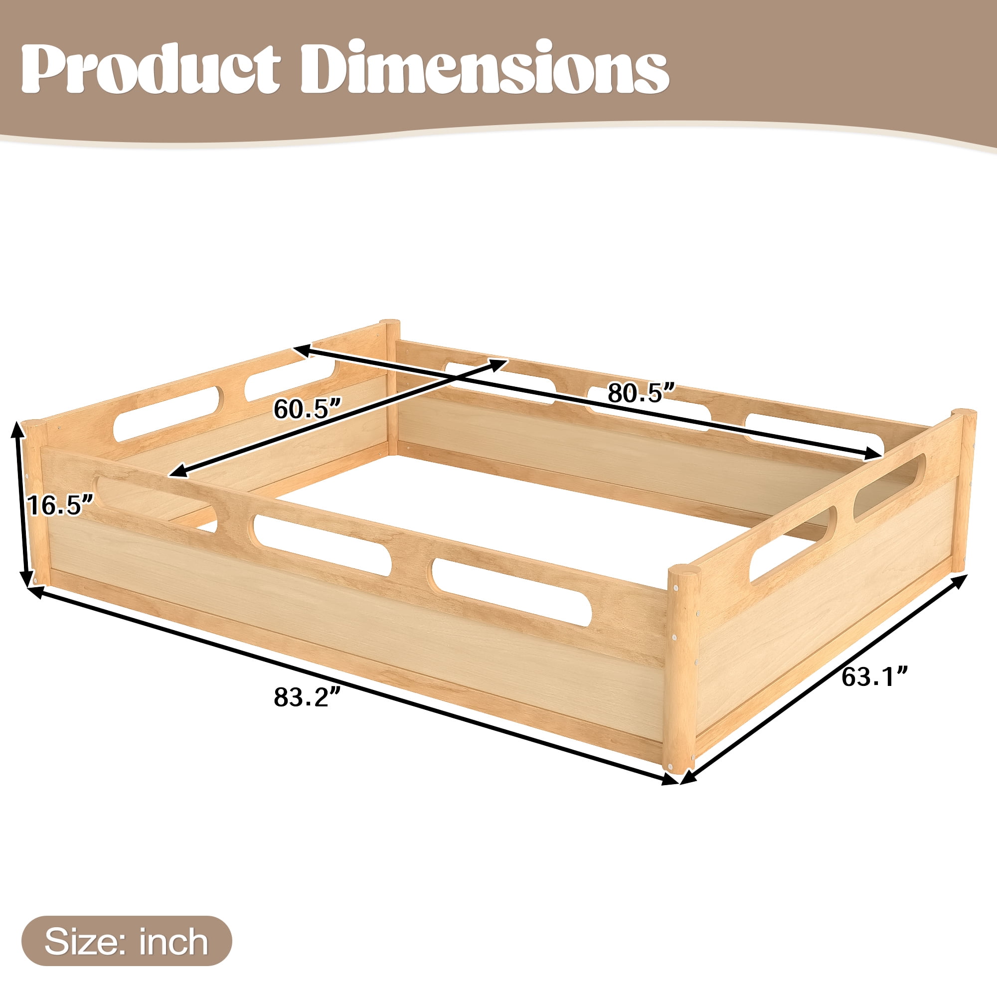 Leumius Queen Size Floor Bed with Full-length Guardrails,Low Profile Montessori Bed Frame,Easy Assembly, No Box Spring Needed,Natural