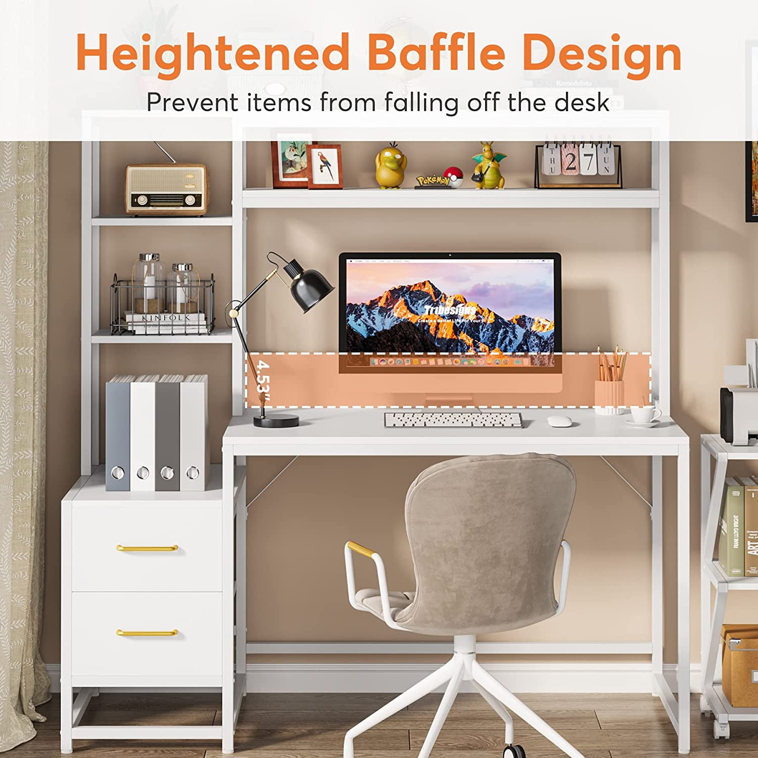 55 Inch Computer Desk with 2 Drawers and Storage Shelves, Wihite Office Desk with Hutch, Modern Study Writing Gaming Table Laptop Workstation for Home Office (White)