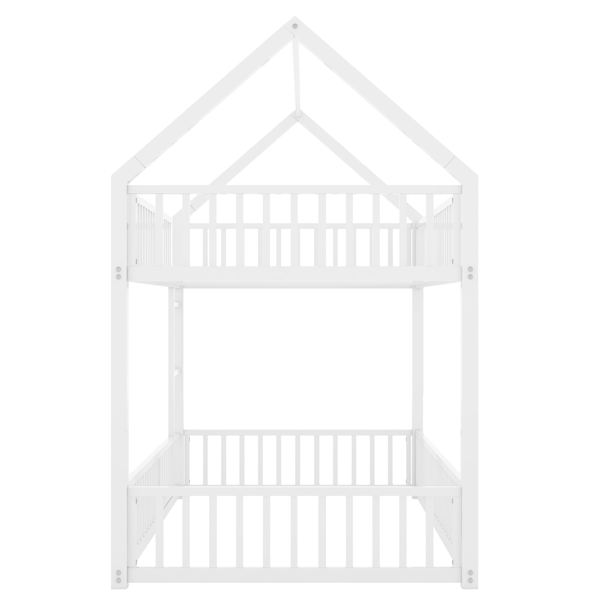 MAYEERTY Metal Twin over Twin House Bunk Bed with Fence and Door, White