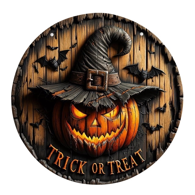 WHEANG Halloween Pumpkin Wooden Round Sign Creative Decorative Sign (11.8*11.8 Inch)