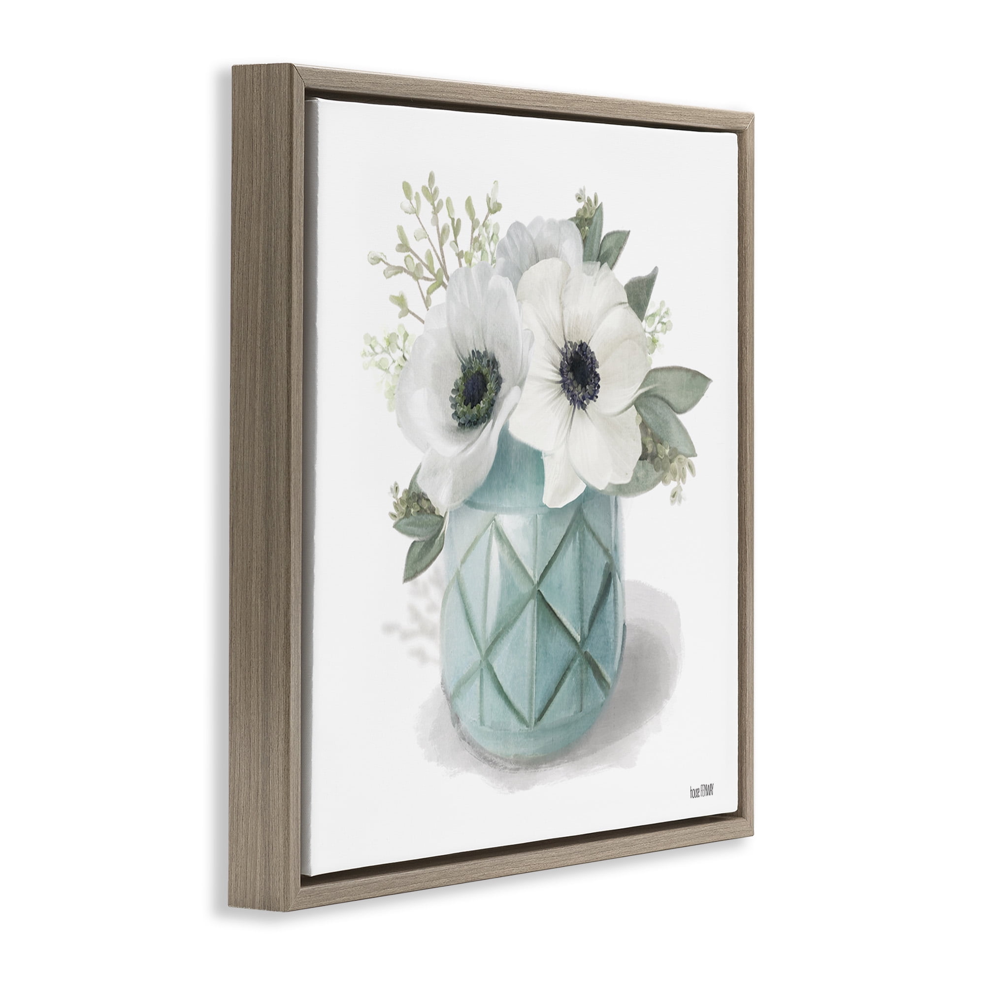 Stupell Industries White Flowers in Turquoise Vase Botanical & Floral Painting Brown Floater Framed Canvas Art Print Wall Art, 25 x 25