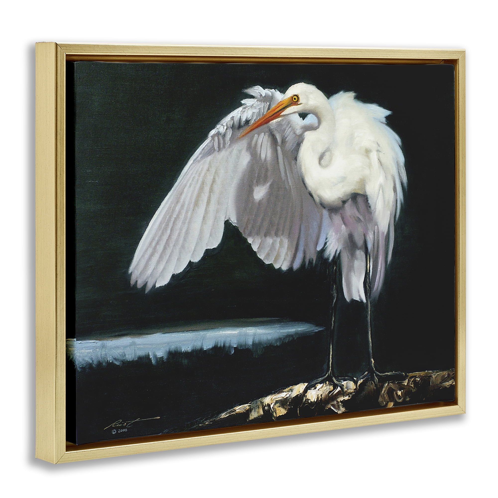 Stupell Industries Stoic Heron Standing Animals & Insects Painting Gold Floater Framed Canvas Art Print Wall Art, 31 x 25