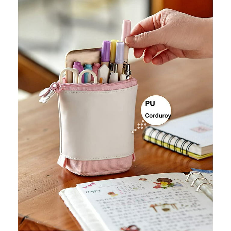 Friinder Pen Pencil Telescopic Holder Stationery Case PU Corduroy Stand-up Retractable Transformer Bag Colorful Organizer Great for Christmas Holiday