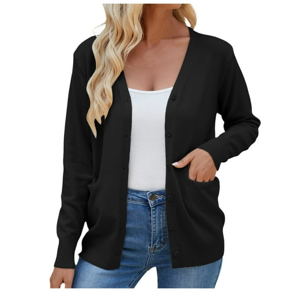 Arlun Cardigan Sweaters for Women V-Neck Button down Soft Comfortable Loose Knit Cardigans Lightweight Long Sleeve Fall Fashion Plain Simple Stylish Winter Outwear with Pockets Black S