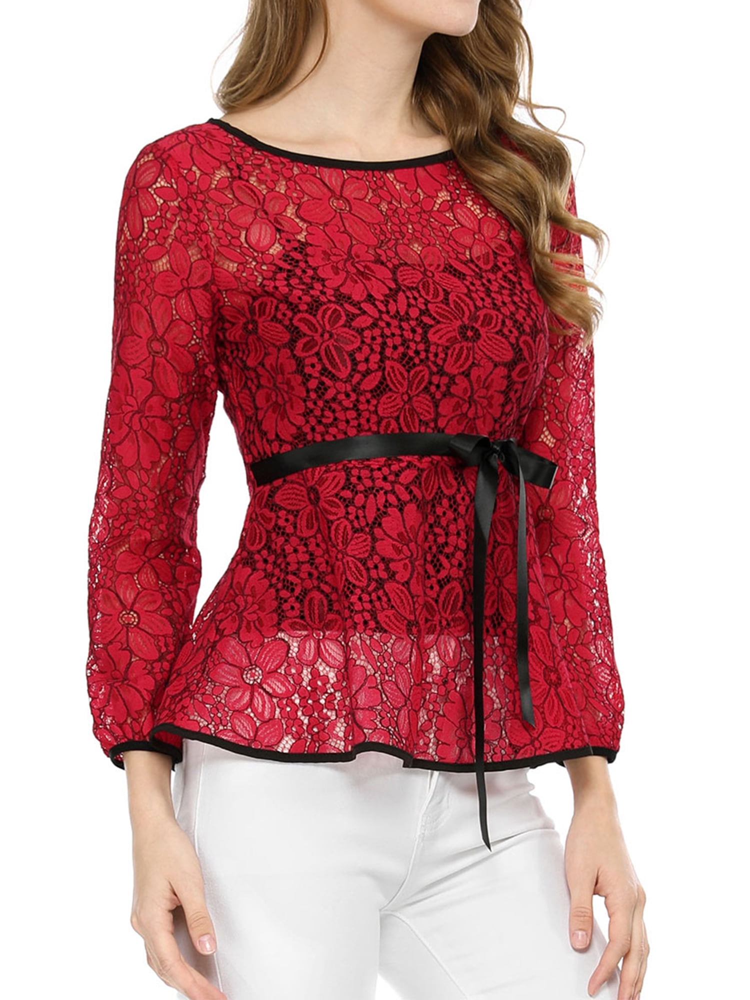 DARING DIVA Self-Tie Waist Semi Sheer Peplum Top M Red