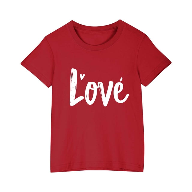 Posijego T-Shirt de la Saint-Valentin pour Garçons et Filles, T-Shirt Graphique avec Cœur, T-Shirts à Manches Courtes pour Enfants, Hauts en Coton, Vêtements