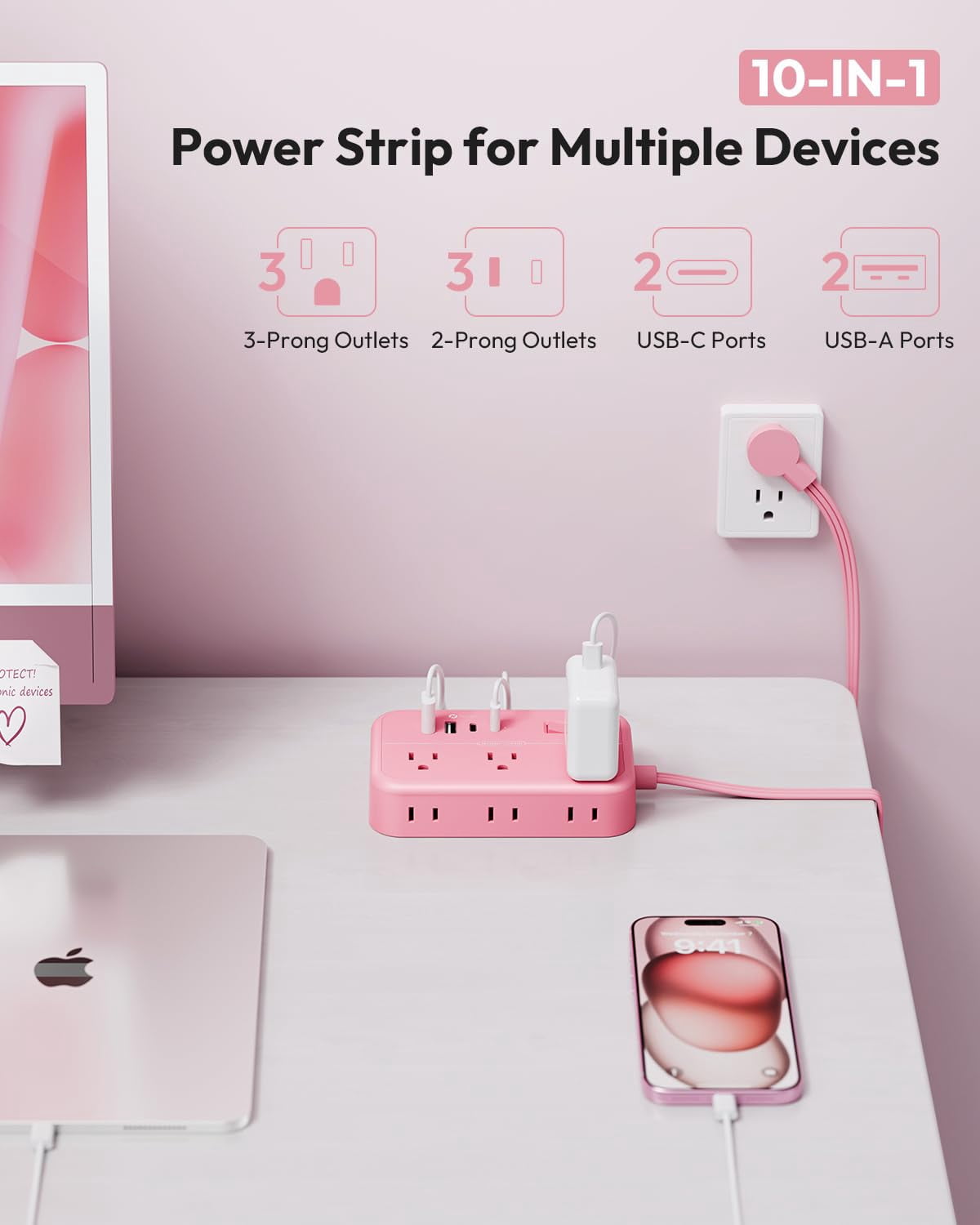 Pink Extension Cord Surge Protector Power Strip With 6 Outlets 4 Usb Ports(20w)  Flat Multiple 5 Ft Plug Outlet Extender For Indoor Home Office