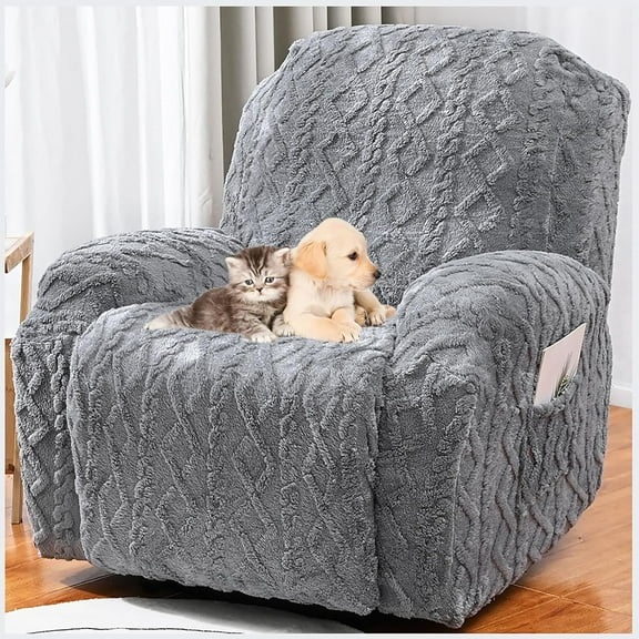 SkyAuks Recliner Covers for Large Recliner, Cover for Recliner Chair, Sofa Armrest Cover with Pockets, Jacquard Plush Stretch Recliner Sofa Slipcover for Armchairs, Protector for Living Room (Gray)