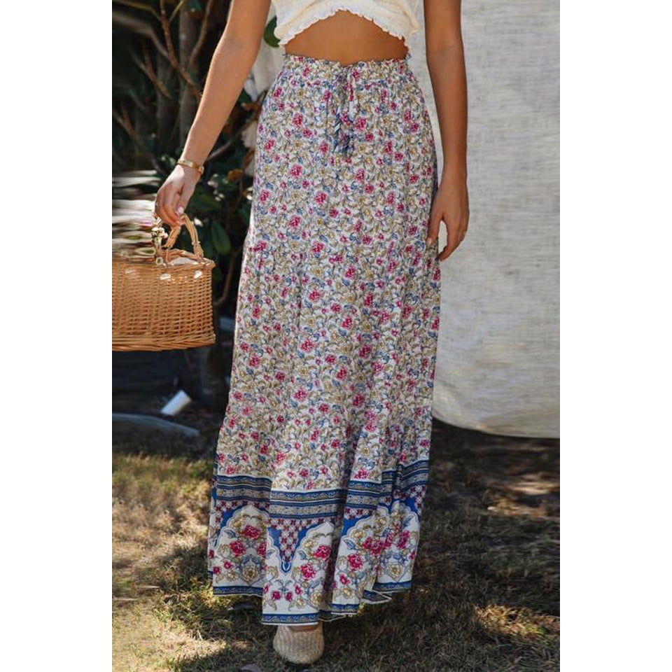 Jupe Maxi Plissée Taille Haute Élastique à Imprimé Floral Boho pour Femmes