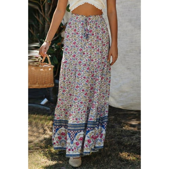 Women's Boho Floral Print Elastic High Waist Pleated A Line Maxi Skirt