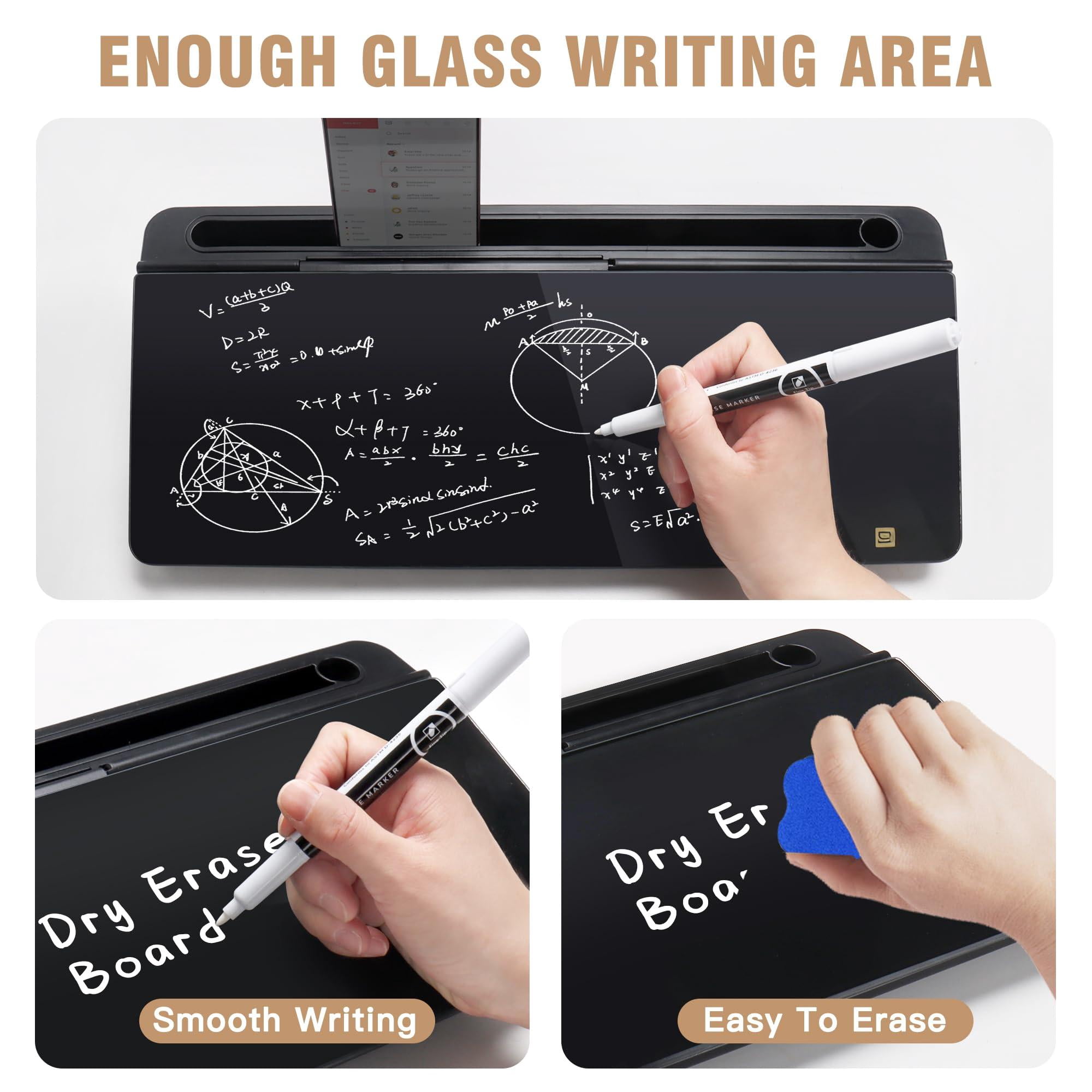 Desktop Glass Whiteboard With Organizer  Markers Eraser - Dry Erase Board Computer Pad Stand Drawer And Holder For Home School Office Black