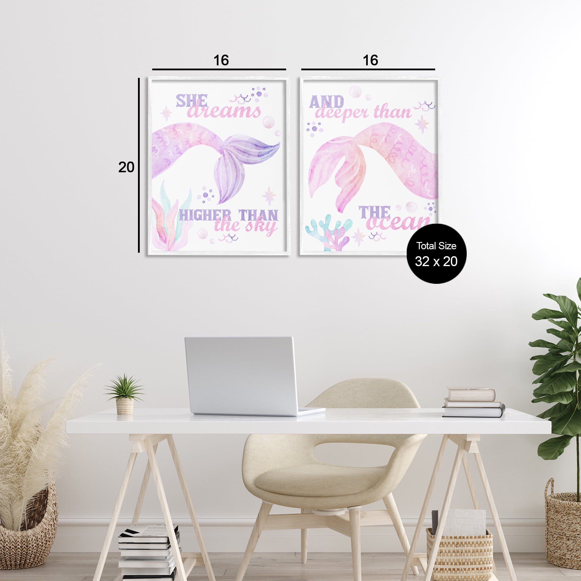 Mermaid Dreams Ocean & Sky 2 Piece White Framed Giclee Art Set, design by Kim Allen