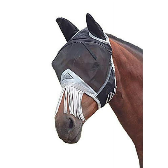 Shires Fine Mesh Fly Mask with Ears and Fringe Black Small Pony