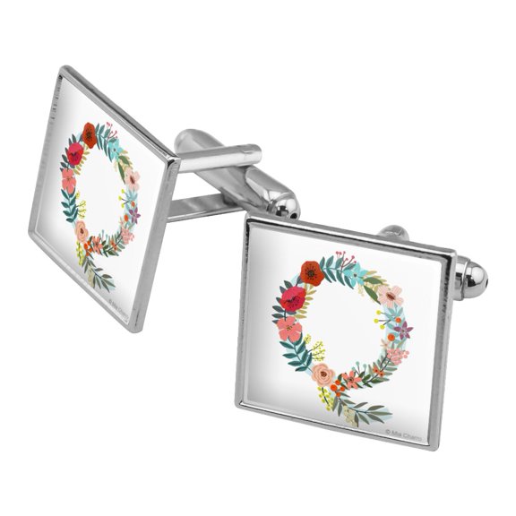 Letter Q Floral Monogram Initial Square Cufflink Set - Silver or Gold