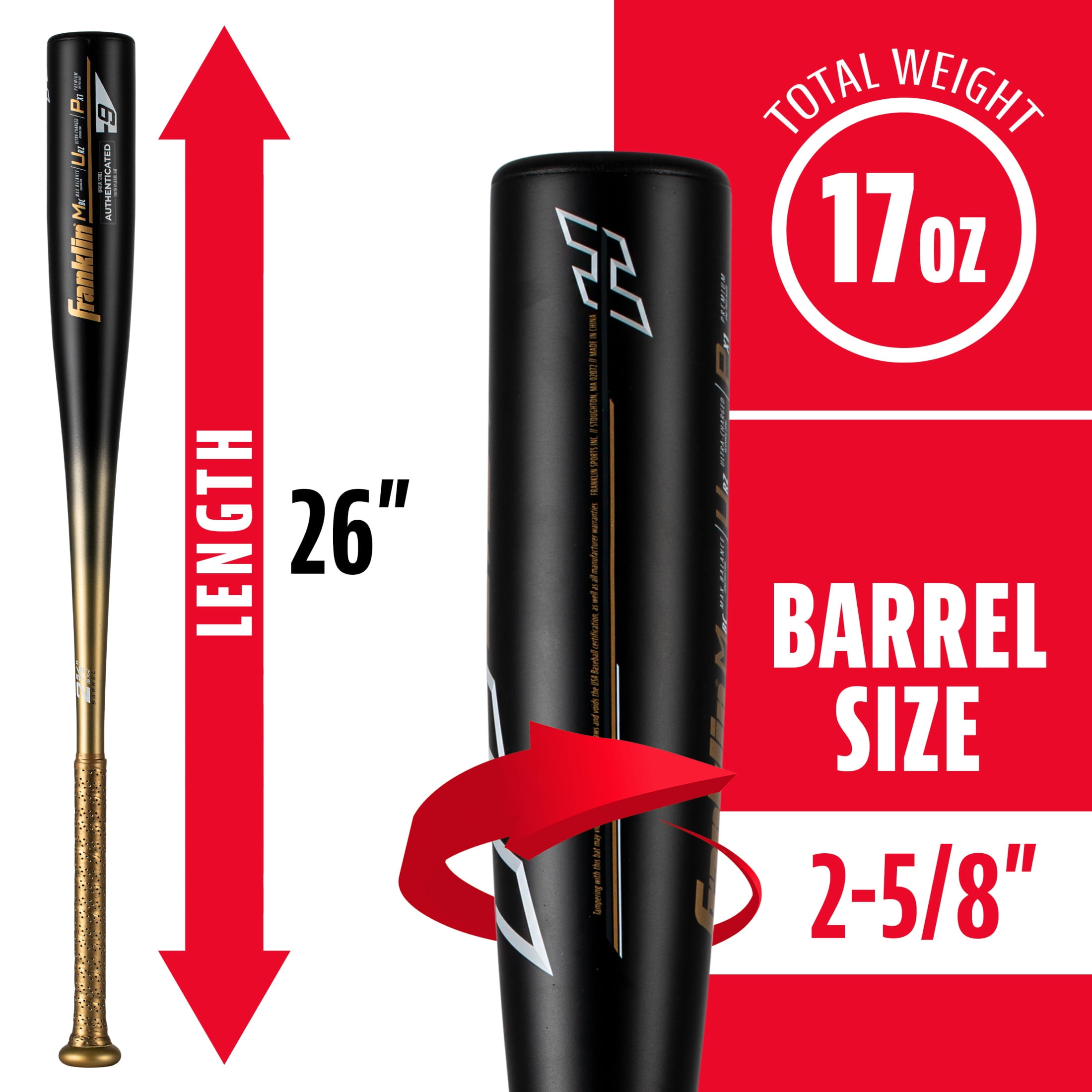 Franklin Sports Heist 900 Youth Aluminum Baseball Bat, 26 in/17 oz, Drop -9, Black