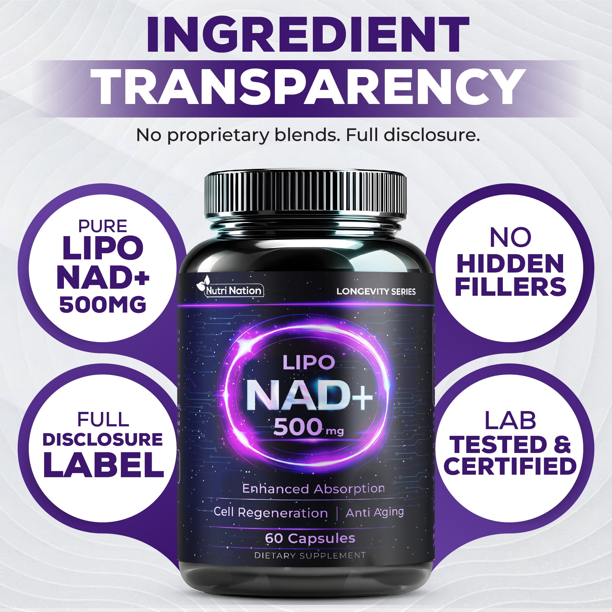 Nutri Nation Liposomal NAD 500mg Supplement 120 Capsules, Nicotinamide Adenine Dinucleotide, for Anti Aging and Cell Regeneration, 2 Bottles, Made in USA
