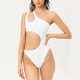 thumbnail image 3 of Traje de baño para mujer, un solo hombro, correas dobles, cintura hueca, color puro, estampado floral, bragas asimétricas, trajes de baño de una pieza, blanco S, 3 of 6