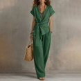 thumbnail image 2 of Linen Sets for Women 2 Piece Outfits Casual Half Sleeve Tops and Long Wide Leg Pants Tracksuits Lounge Set Casual Loungewear Going Out Vacation Fall Fashion Outfits, 2 of 4