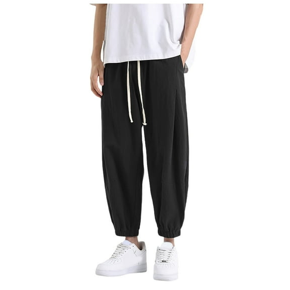 JTieacloth Mens Casual Linen Pants Men's Summer Fashion Solid Color Casual Pants Cropped Leg Pants Men's Clothing Black
