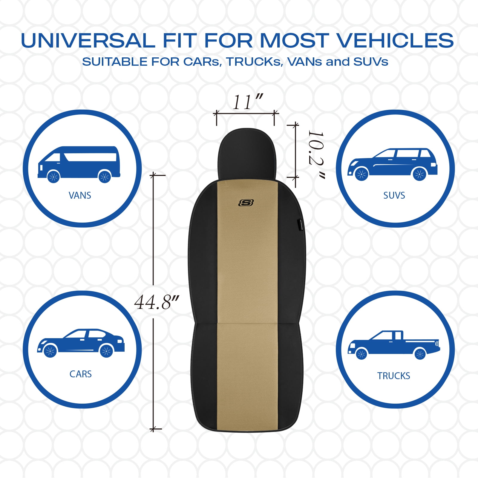 Skechers Memory Foam Fabric Car Seat Cover, Breathable, Comfortable Support, Easy Install, Stylish Design, Universal Fit for Cars and SUVs Beige