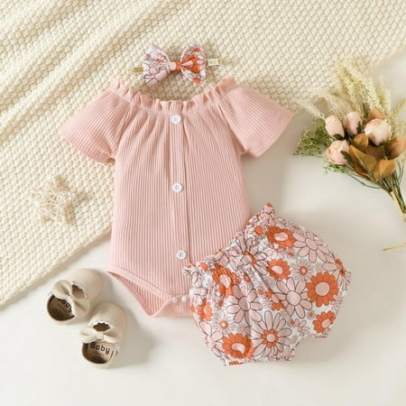 

ESHOO 3Pcs Infant Newborn Baby Girls Outfits Romper Shorts Set Ruffle Bodysuit + Floral Shorts + Headband for Baby Girl 0-24 Months