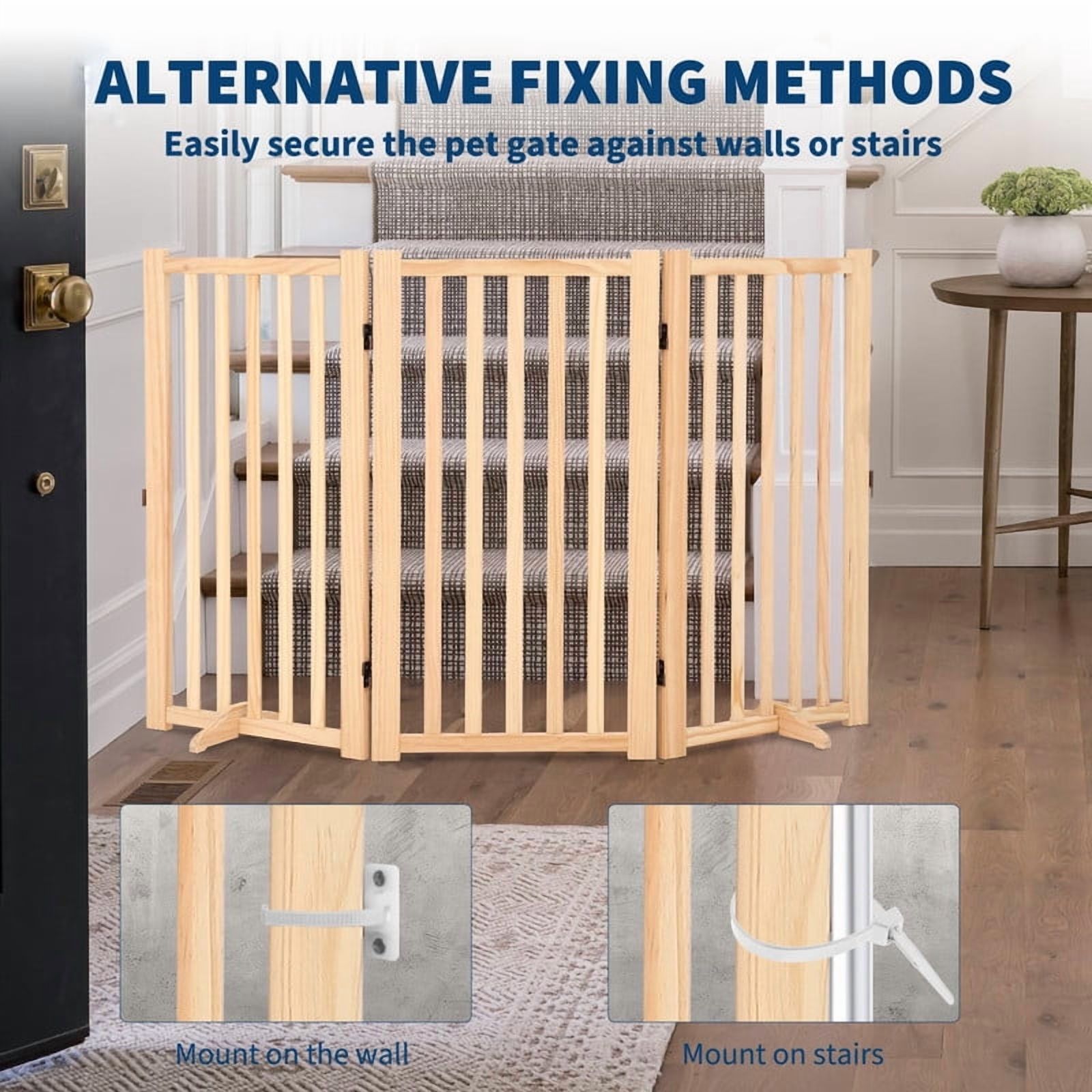 Towallmark 36 Inch Height 3 Panel Pet Gate, Freestanding Wooden Dog Gate, Folding Expandable Safety Barrier with Support Feet, Indoor Pressure Mount for Doorway Stairs Hallway, Solid Hardwood