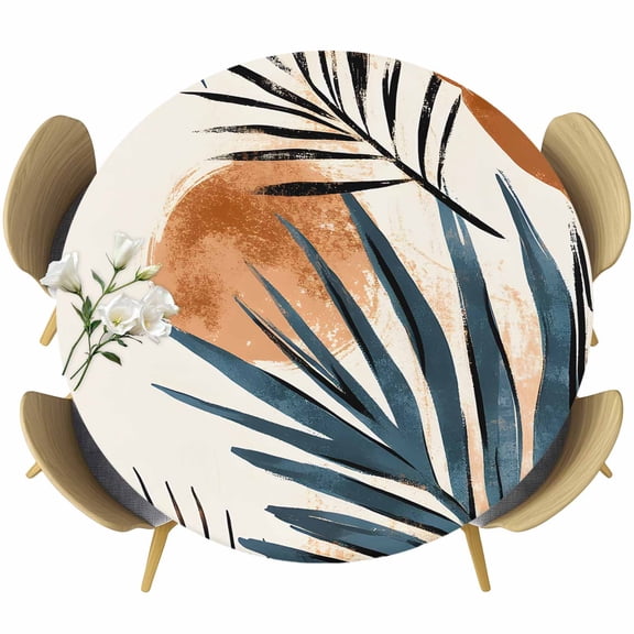 Bohemian Nordic Round Fitted Table Cover Green Orange Simple Abstract Leaves Waterproof Table Cloth with Elastic Edge Wipeable Tablecloth for Picnic Camping Party Fits 36"-44" Diameter