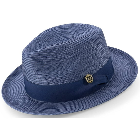 Men's Braided Wide Brim Pinch Fedora Matching Grosgrain Ribbon Hat in Navy H-42