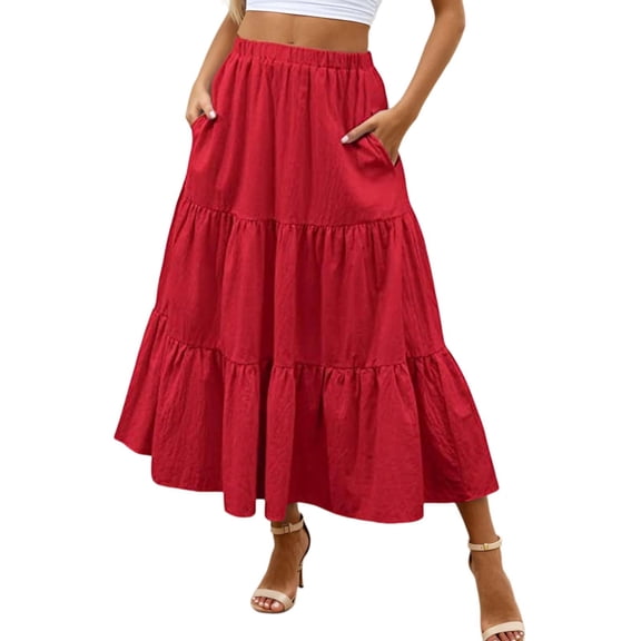 A Line Skirts for Women Mid Length Elastic High Waisted Flowing Ruffles Fairy Skirt Soild Cake Skirt With Pockets (Red,XX-Large)