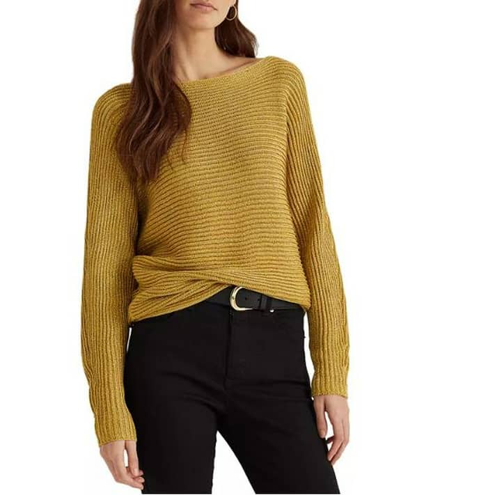 Lauren Ralph Lauren Dolman-Sleeve Boatneck Sweater, Shiny Gold Lurex XXL -  
