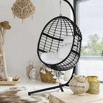 Abble Wicker Egg Hanging Chair with Cushion and Stand, Black