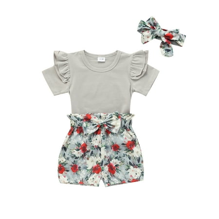 

LWXQWDS Baby Girls Ruffle Short Sleeve T-Shirt Tops Floral Printed Shorts Headband