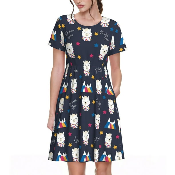Balery Llamas 1 Vestidos sueltos de manga corta para mujer, vestidos de verano 2025, vestidos casuales de corte A con vuelo.
