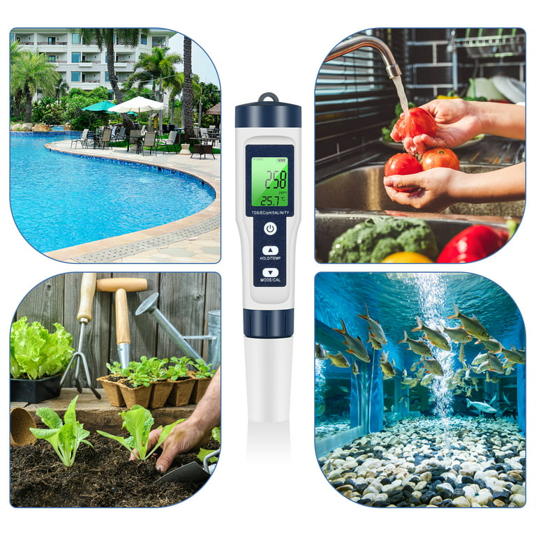 2020 NUEVO Medidor pH Medidor de prueba de calidad del agua TDS pH EC  Temperatura Minerales 5 en 1 conjunto, LCD Retroiluminada para Piscina, Agua  Potable, pecera, 0-19990ppm Calibración Automática: : Jardín