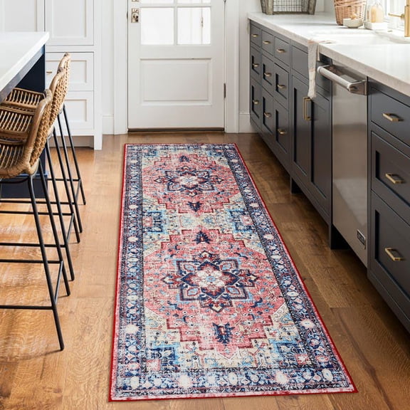 Washable Boho Vintage Medallion Runner Rug 2x6 FT – Soft Low-Pile Non-Shedding Non-Slip Accent Carpet for Dining Room Bedroom Entryway Home Office Light Red