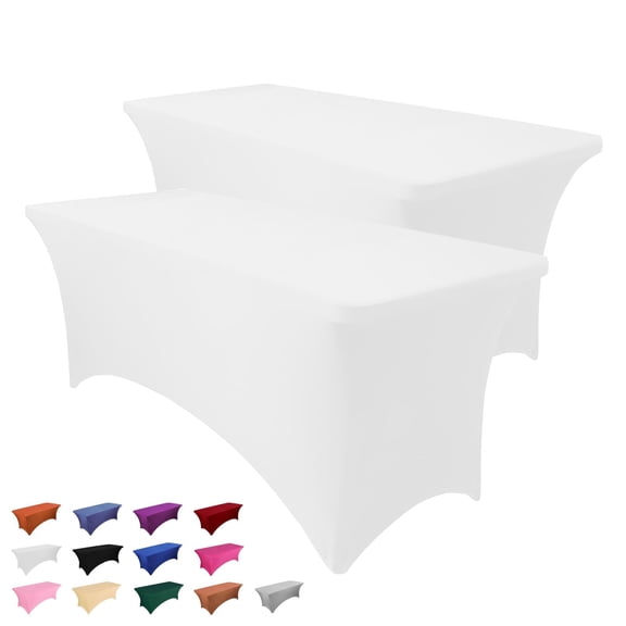 Spandex Table Cloth 2 Pack 6FT, White Fitted Stretch Table Cover for Rectangle Tables, Wrinkle Free Rectangular Tablecloth for Wedding, Banquet, Party, Outdoor Event