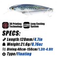 thumbnail image 3 of Señuelo Duro de Pececillo Hundido de 120 mm para Agua Salada, Jerkbait , Cebo Artificial para Lubina, Accesorios de Pesca en el Mar. B, 3 of 5