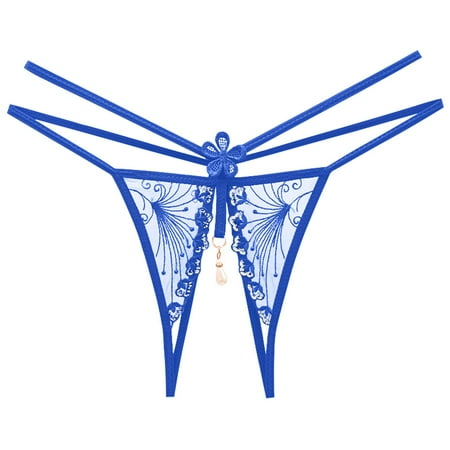 Womens Thong Underwear Low Rise T-Back Underpants Blue Lace Thongs Pearl Panties One Size