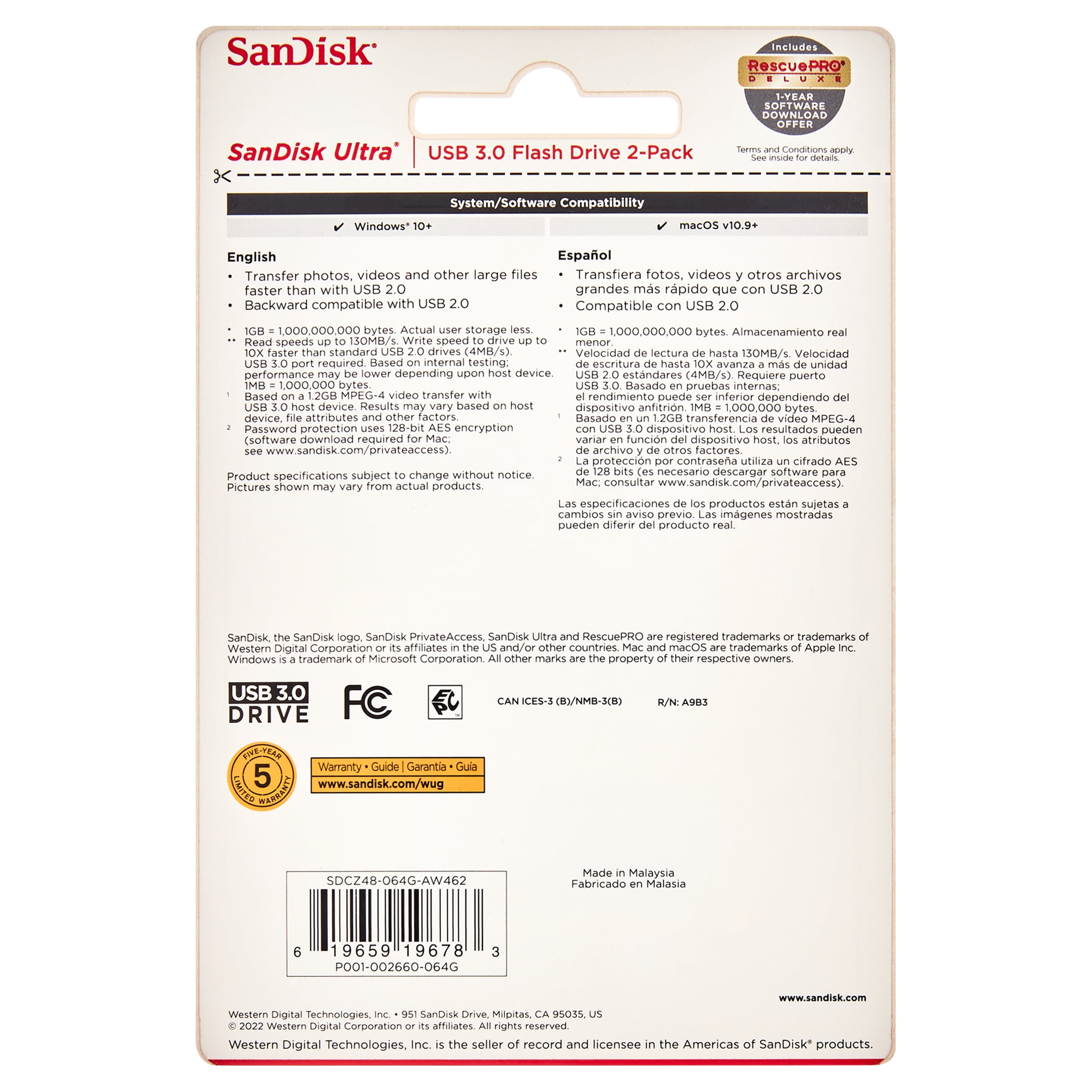 SanDisk 64GB Ultra USB 3.0 Flash Drive 130MB/s - 2 Pack