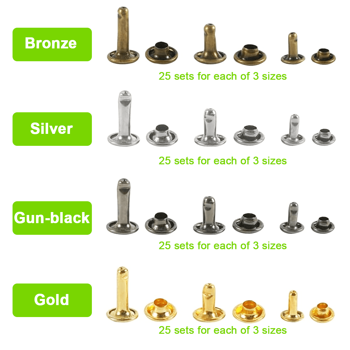 300 Sets Leather Rivet Set 4 Colors Double Cap Rivets For Leather 3 Sizes With Rubber Mallet Installation Tool Set 3 Pieces For Diy Leather Craft, Clothing, Shoes, Decoration And Repair