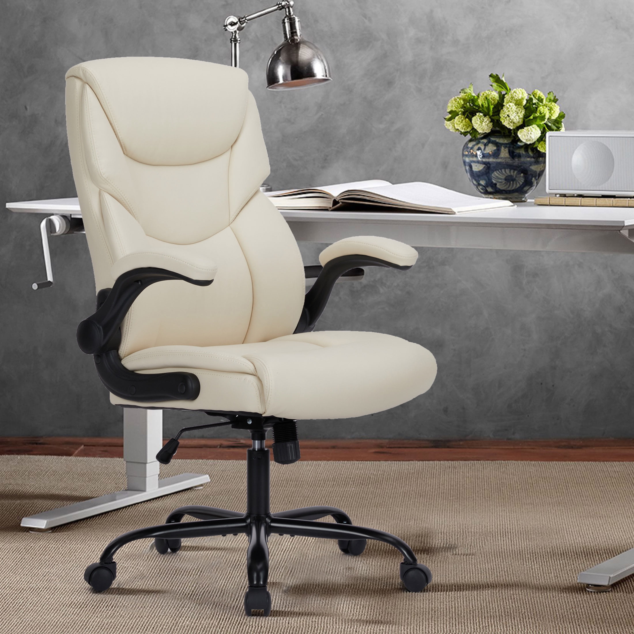 CONCETTA High Back Office Chair,PU Leather Desk Chair with Lumbar Support, Wheels, and Flip-up Armrest, White